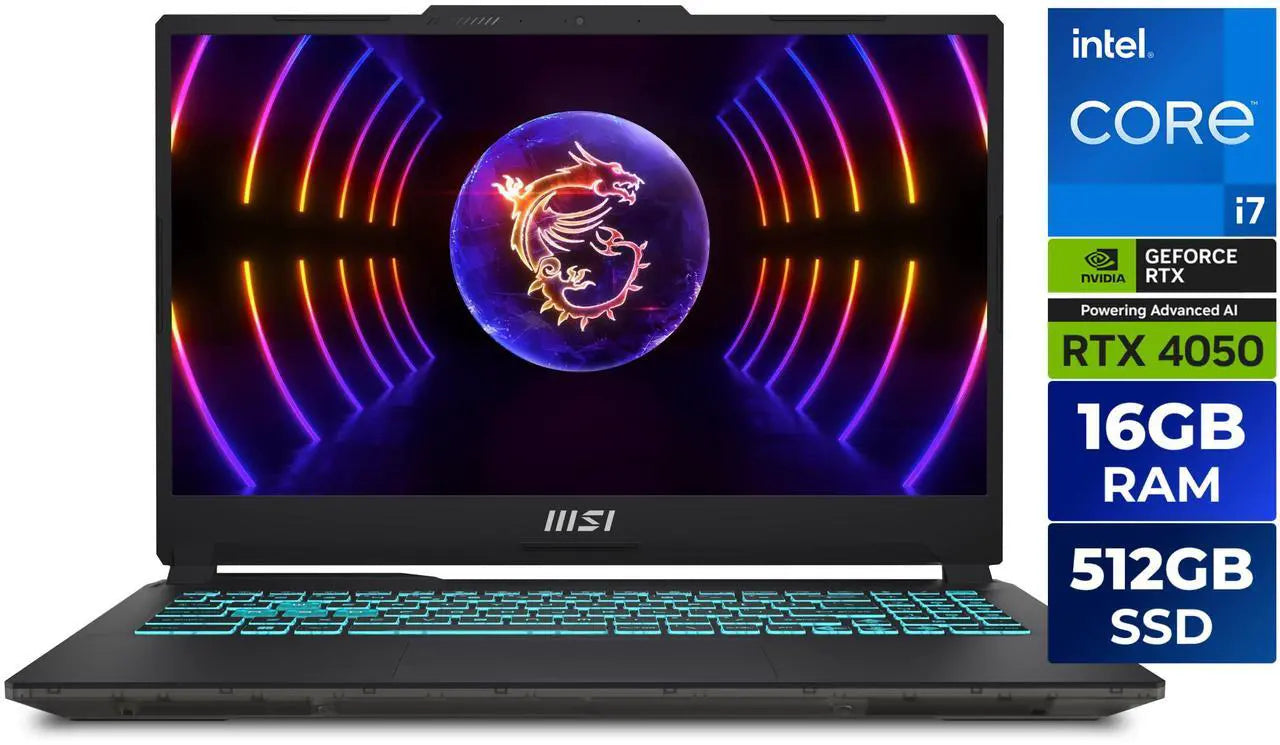 MSI Cyborg - Ordinateur portable 15,6" avec carte graphique GeForce RTX 4050 - Processeur Intel i7-13620H - 16 Go de mémoire - SSD de 512 Go - Windows 11 Famille - Ordinateurs portables de jeu - Écran IPS 144 Hz (A13VE-218US)